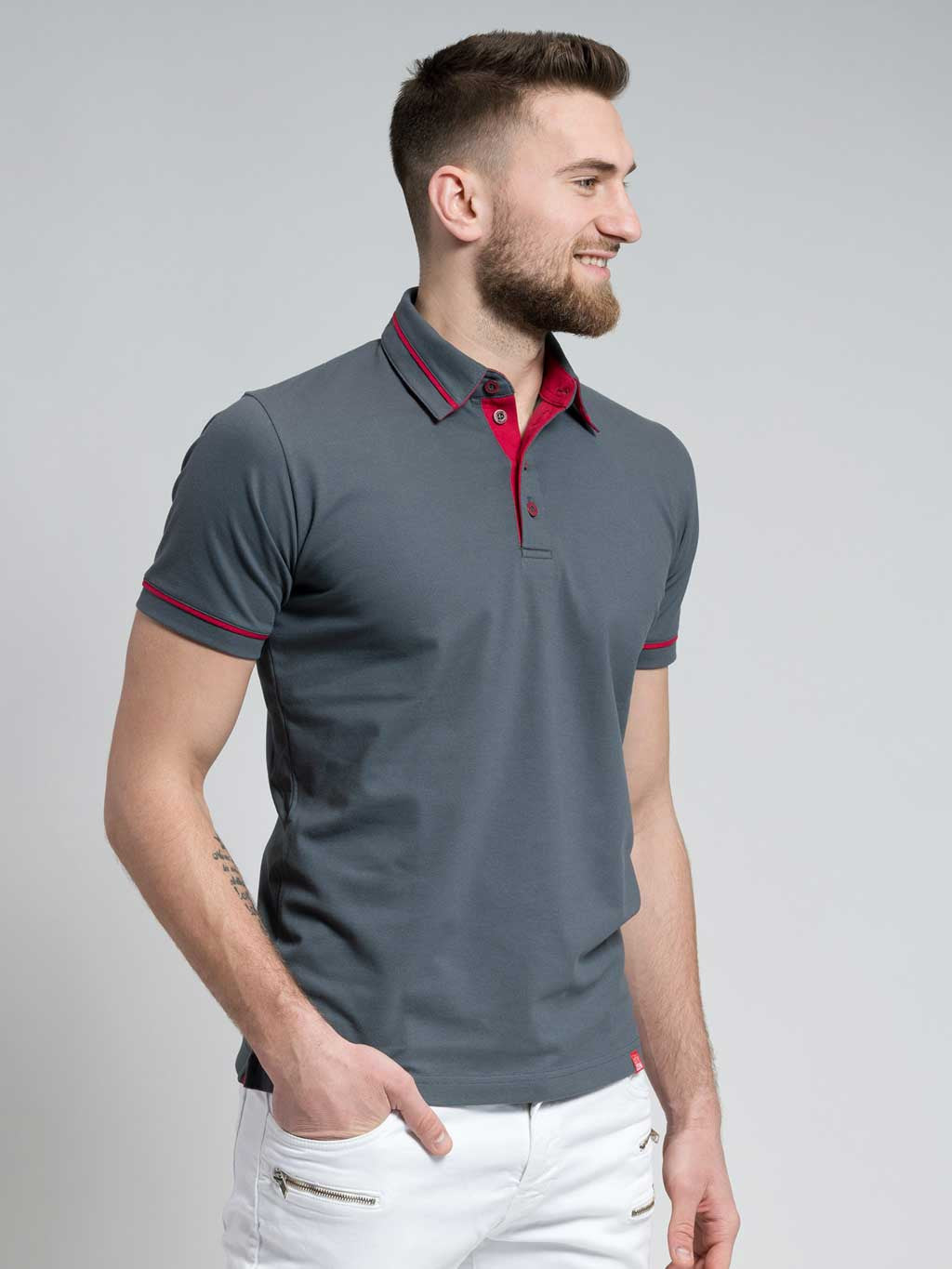 Men's polo shirt with reinforced collar grey